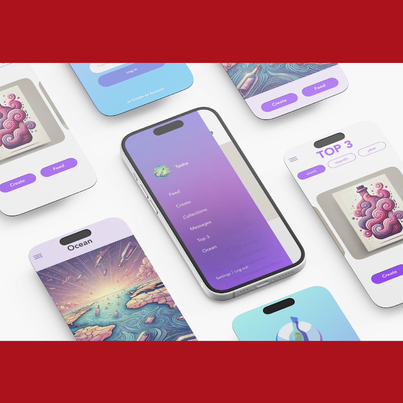 Bottle app — multiple iPhone screens floating on a soft gradient background