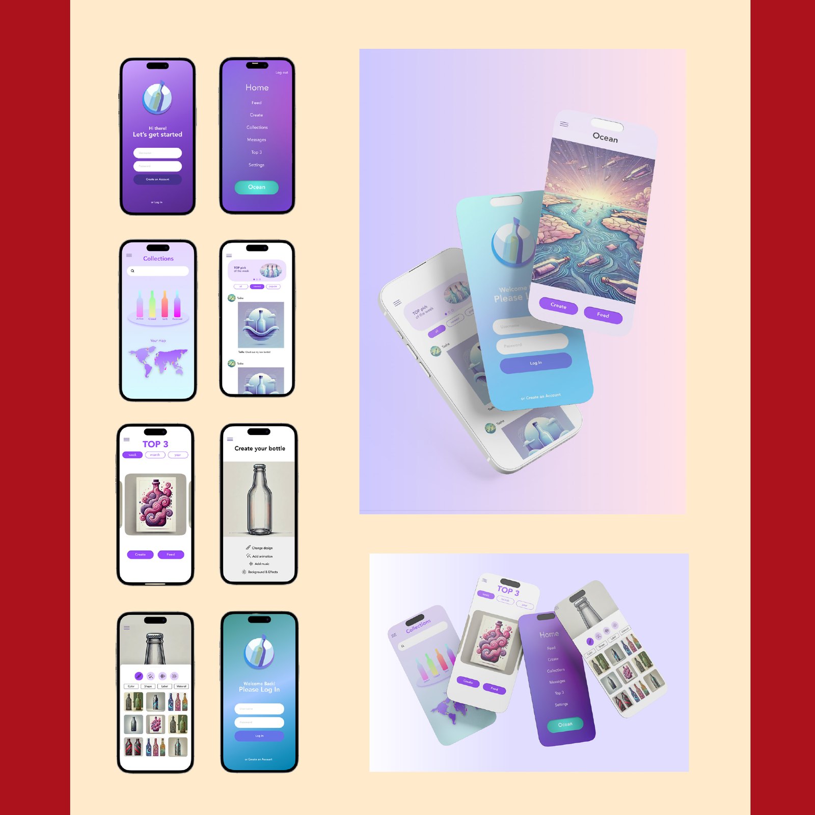 Bottle app prototype screens — onboarding, collections, top 3 and create-your-bottle flows