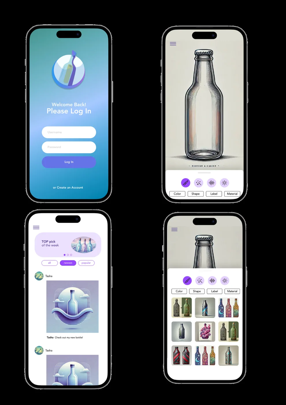 Bottle app — log in, bottle detail and feed screens