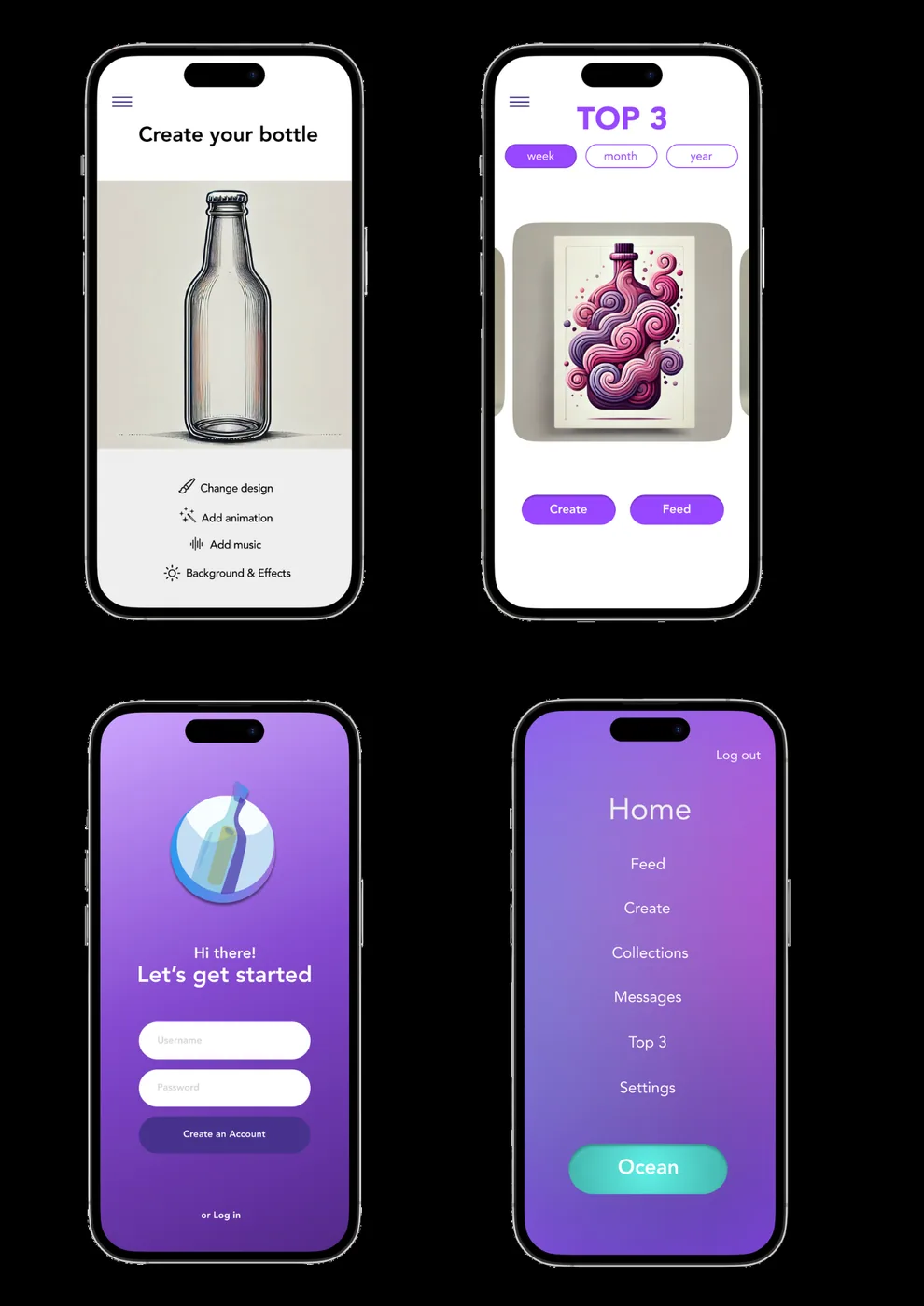 Bottle app — create your bottle, Top 3 and home screens
