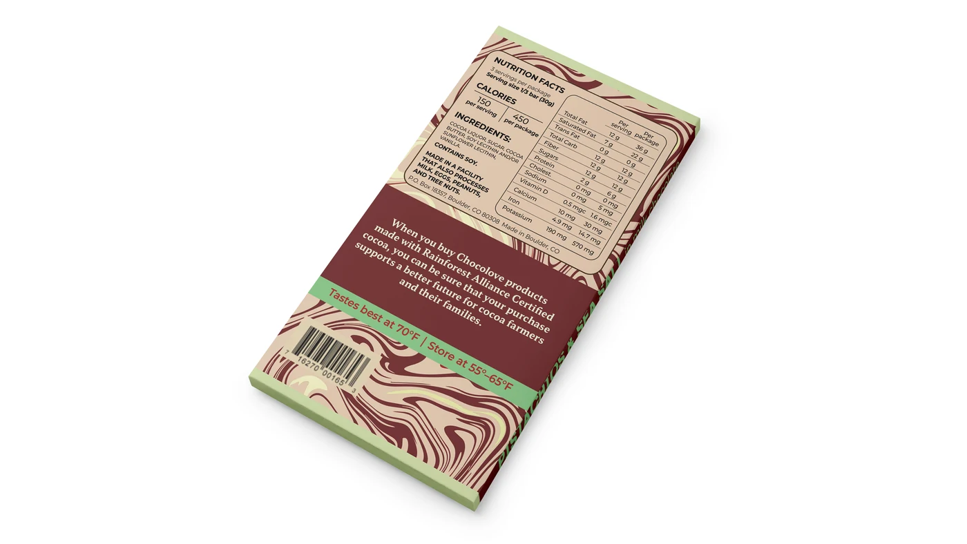 Chocolove XOXO Pistachio & Sea Salt packaging — back