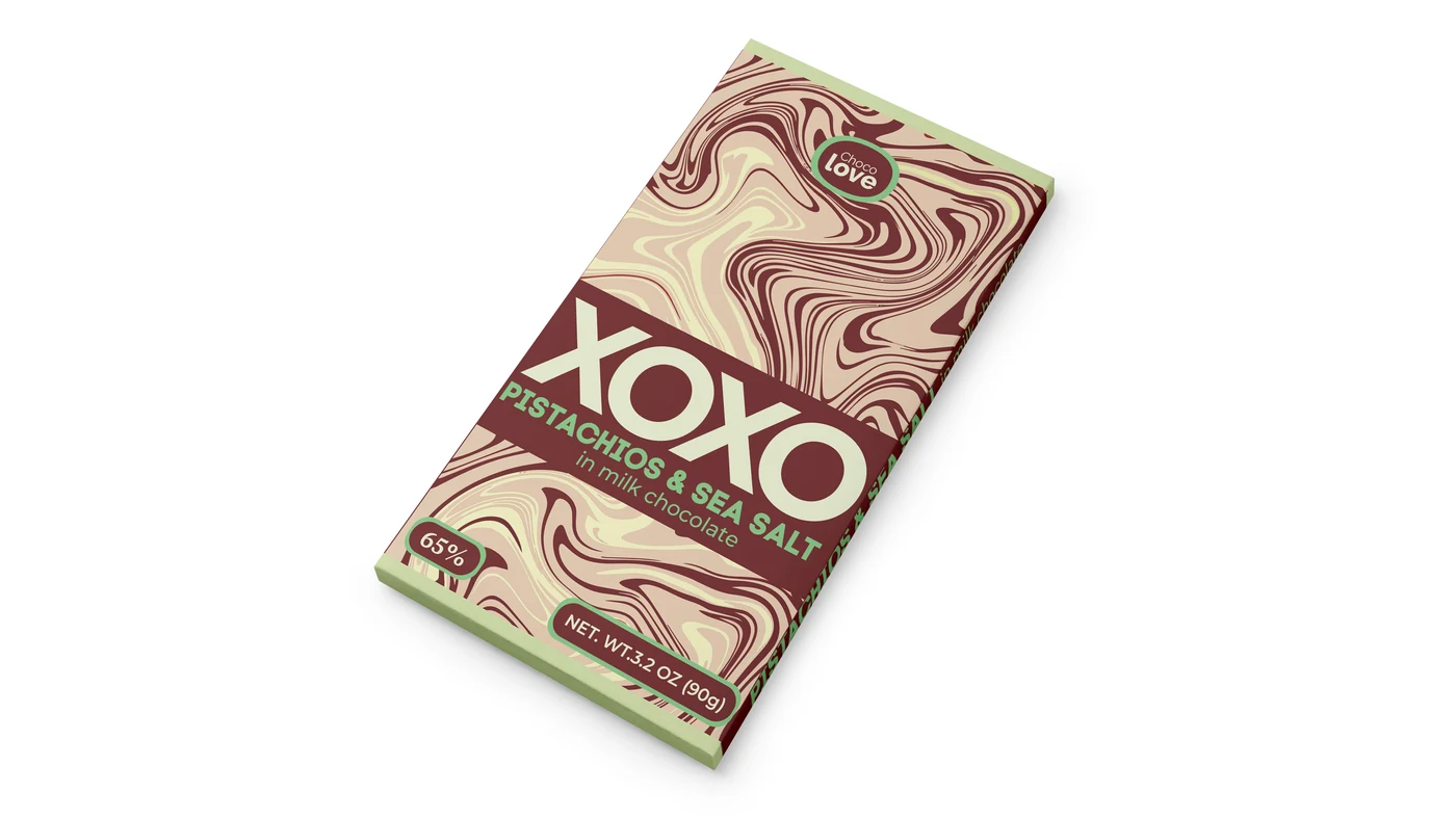 Chocolove XOXO Pistachio & Sea Salt packaging — front