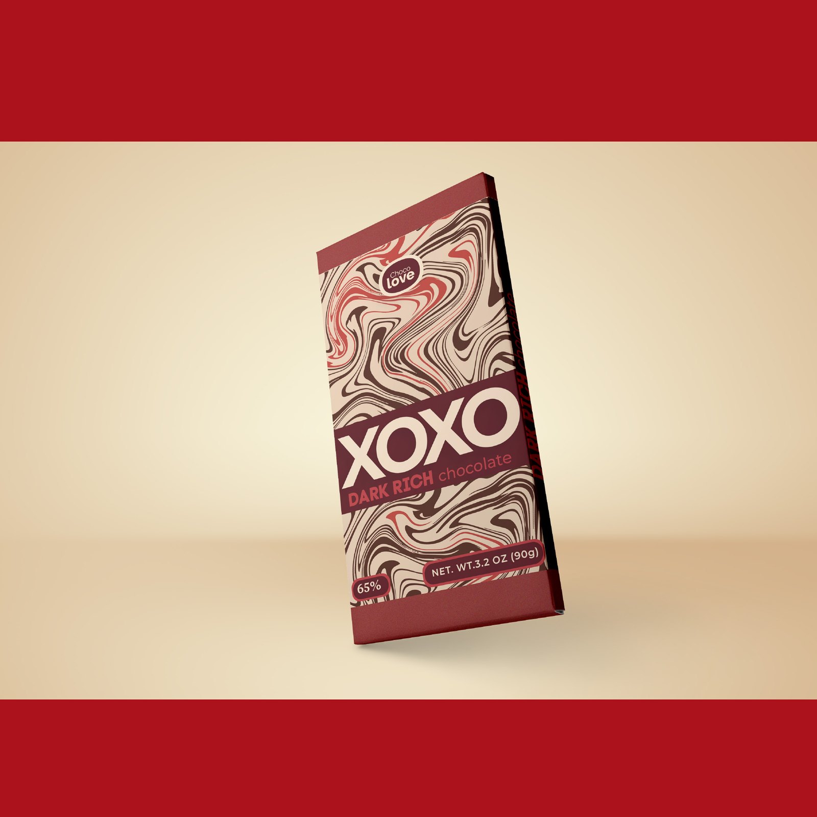 Chocolove XOXO Dark Rich chocolate bar packaging — red swirling pattern