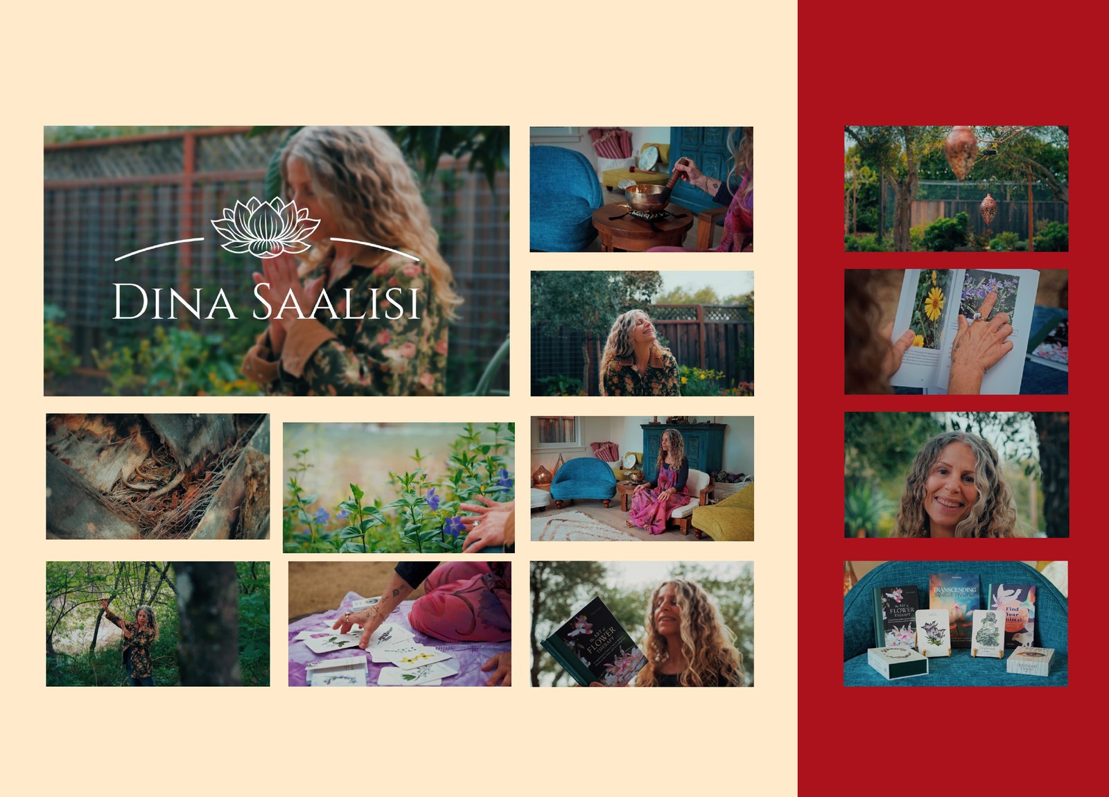 Dina Saalisi commercial stills — woman in garden, singing bowls, flower deck, natural textures