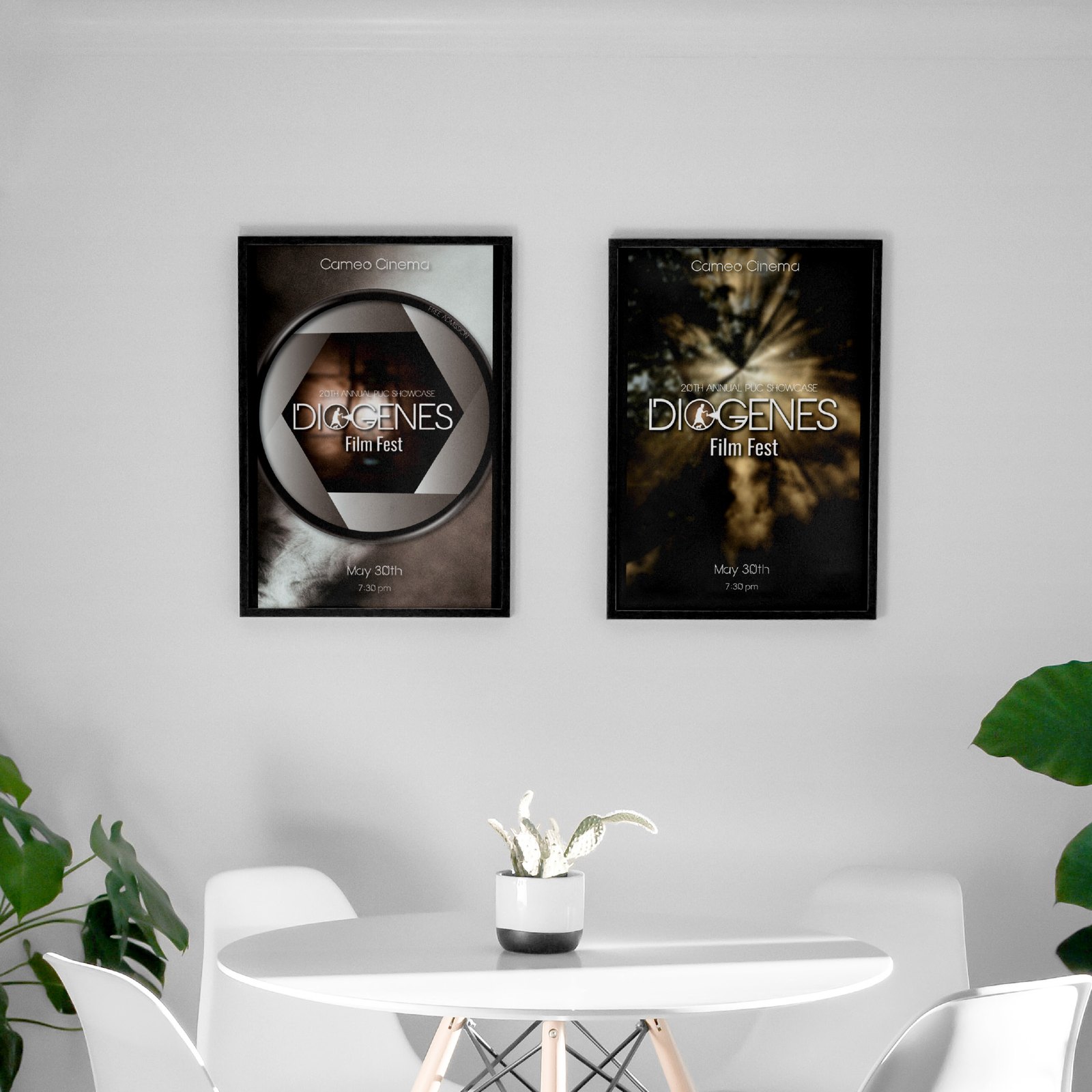 Two Diogenes Film Festival posters framed on a wall — one with camera lens, one with light streaks