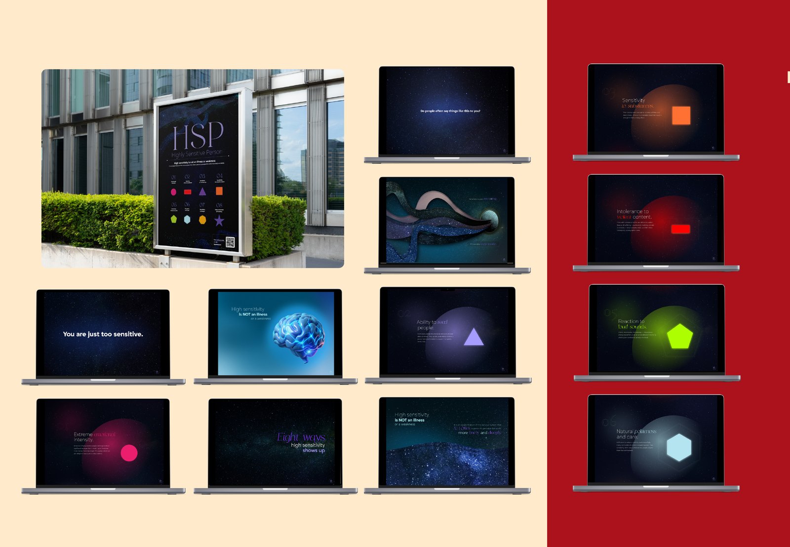 HSP interactive screens — outdoor billboard mockup and multiple laptop screens showing parallax scroll states