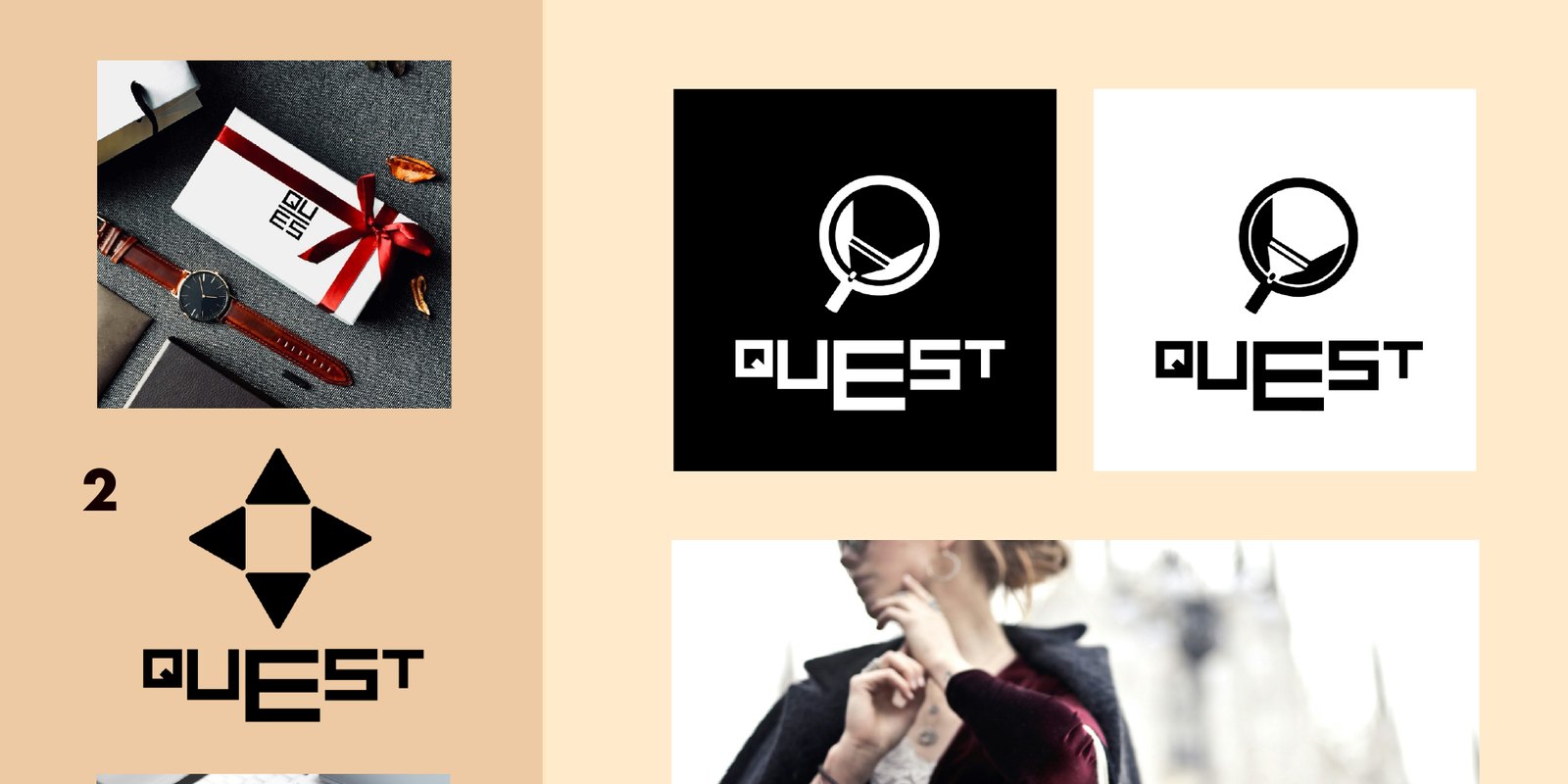 Quest logo explorations and mockups on watches, gift bags, and product packaging